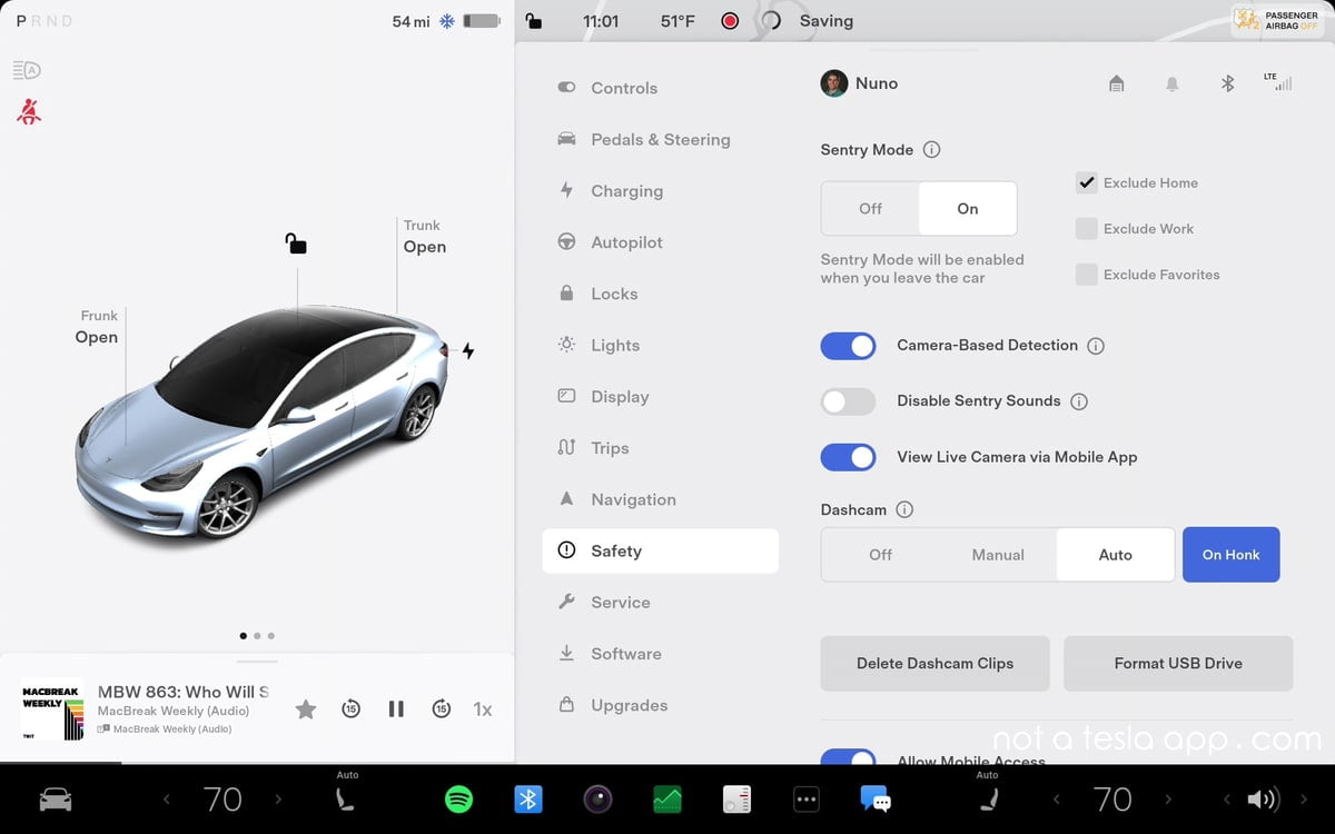 Tesla sikkerhedsindstillinger menu