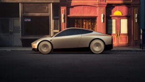 Tesla elektrisk bil parkeret foran en vintage butik i en by