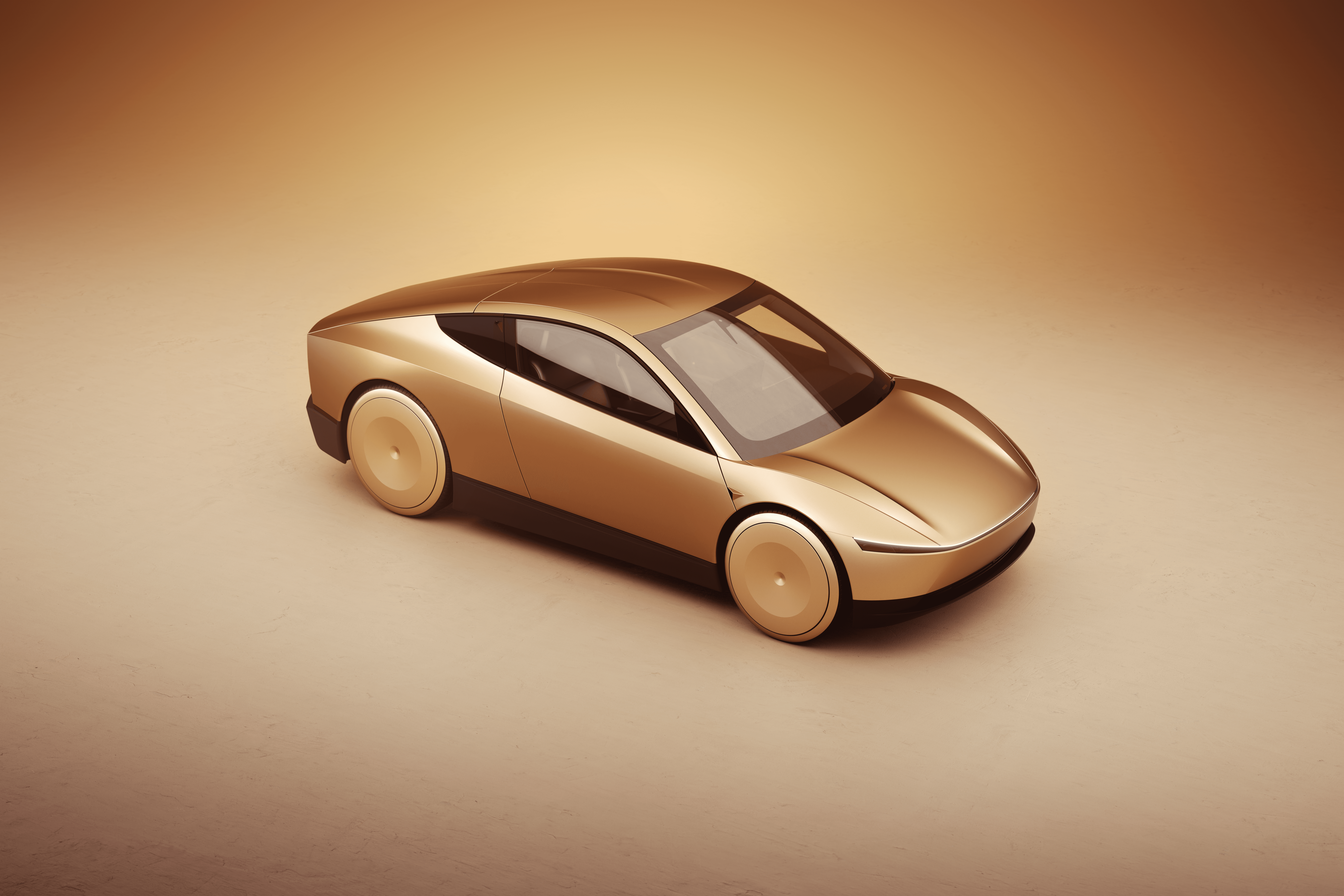 Futuristisk gylden Tesla-konceptbil på en minimalistisk baggrund