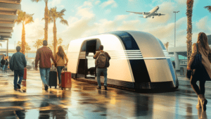 Elektrisk, futuristisk Tesla pod ved en solrig lufthavn med passagerer og et fly i baggrunden