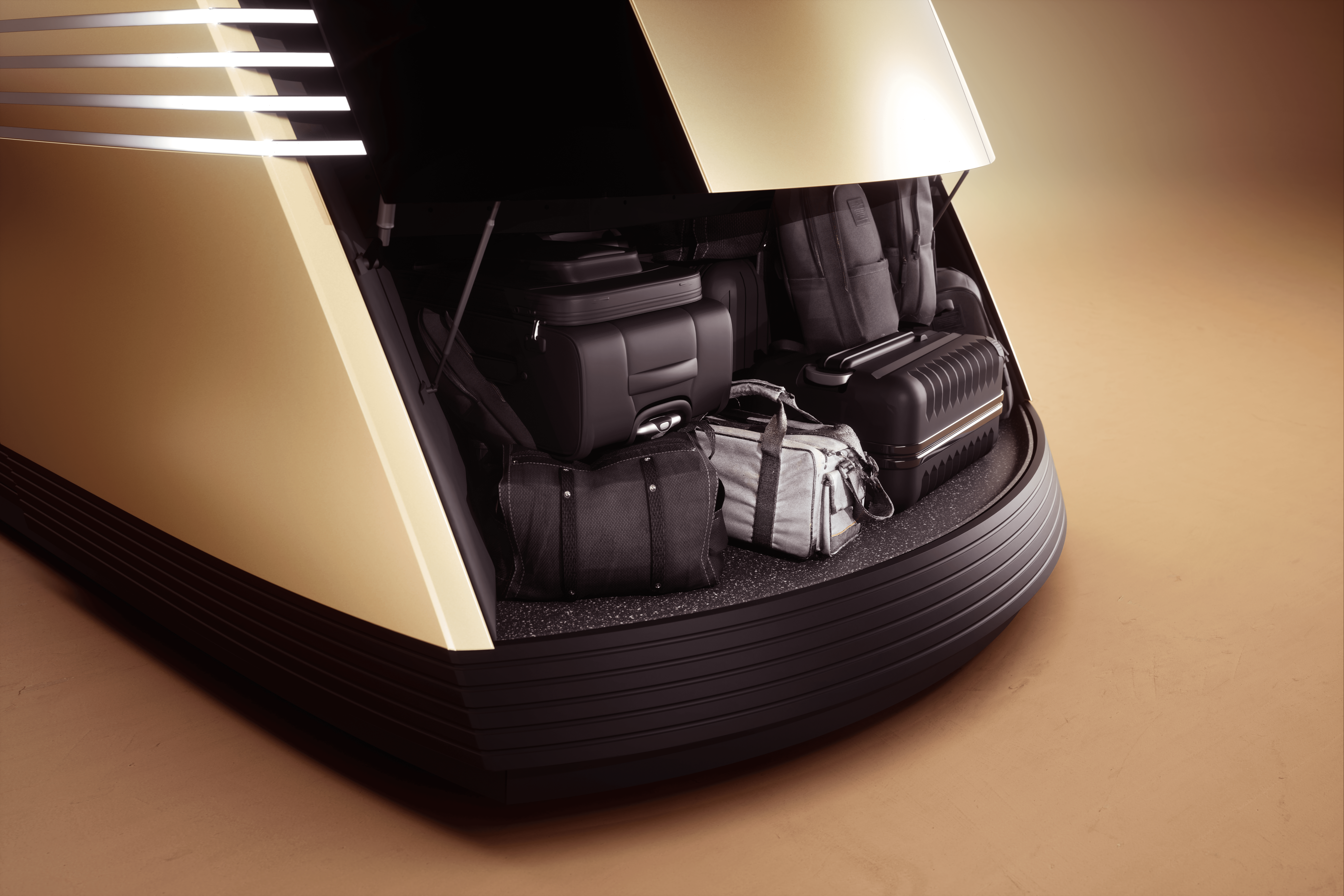 Tesla bagagerum fyldt med kufferter og tasker til rejsen