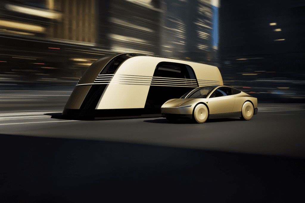 En futuristisk Tesla elbil i gylden farve kører gennem en by, ledsaget af en avanceret trailer, der understreger moderne bilteknologi.