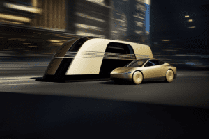 En futuristisk Tesla elbil i gylden farve kører gennem en by, ledsaget af en avanceret trailer, der understreger moderne bilteknologi.