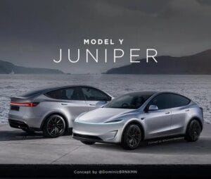 To Tesla Model Y Juniper-konceptbiler parkeret ved en malerisk kystlinje, en i bagvisning og en i frontvisning.