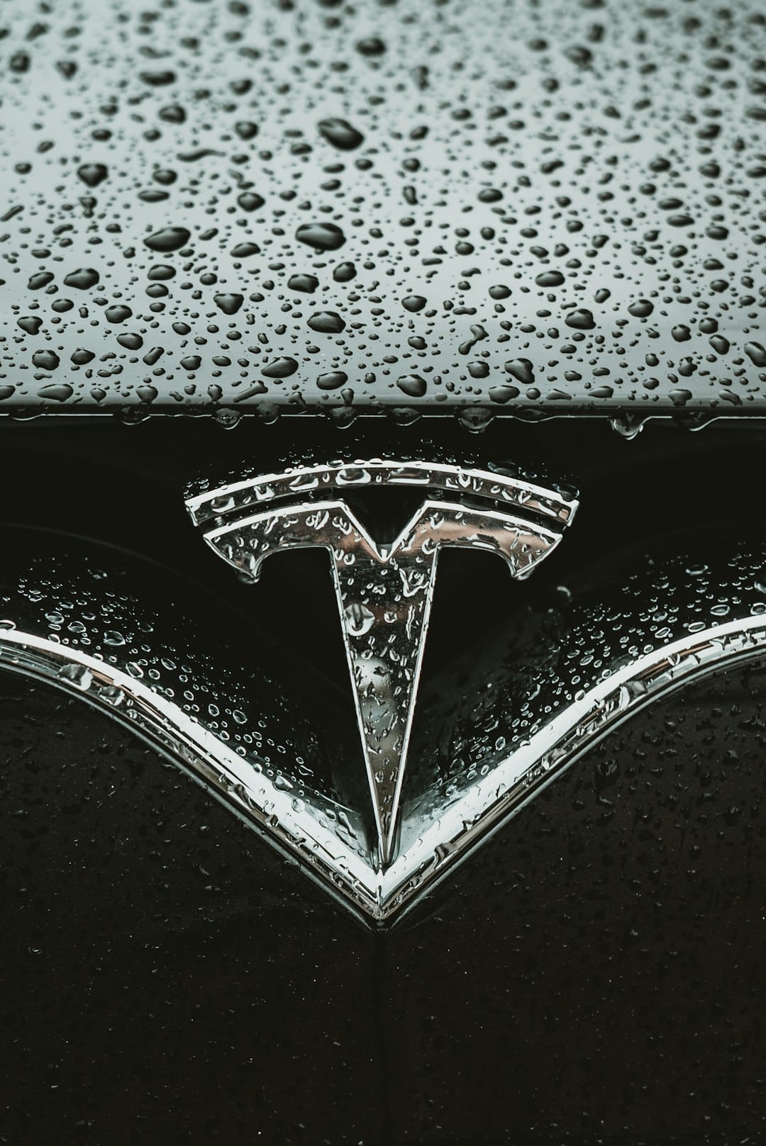 Tesla logo dækket af regndråber på bilens overflade