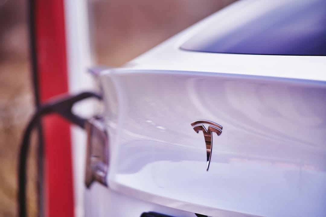 Tesla logo på bagenden af en hvid Tesla ved en ladestation