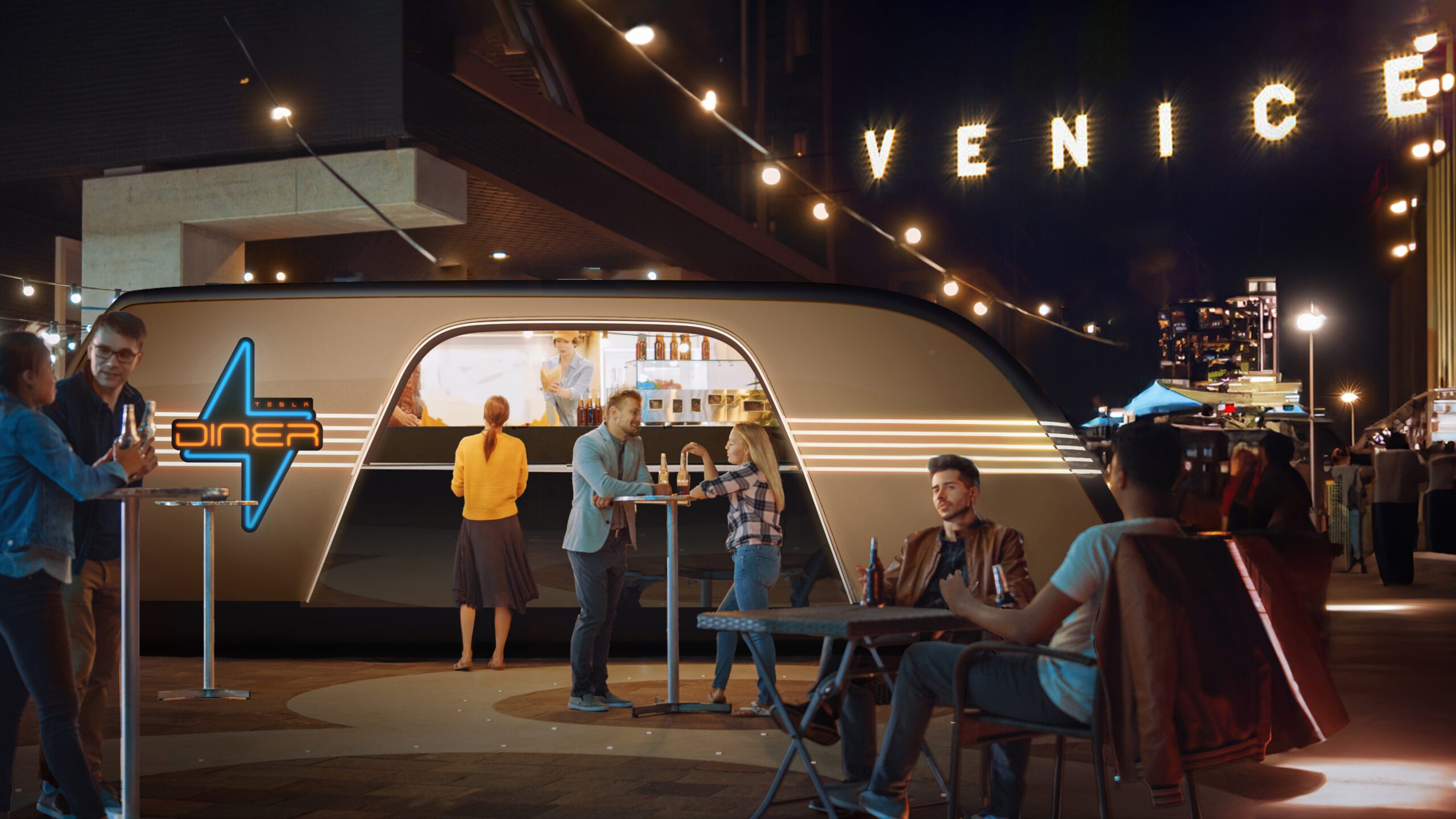Tesla Diner om aftenen med folk, der hygger sig under neonlys i Venice