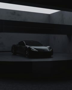 Elegant sort Tesla sportsvogn i minimalistisk showrum
