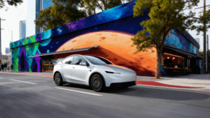 Hvid Tesla bil kører forbi en farverig mur med NASA-tema grafitti