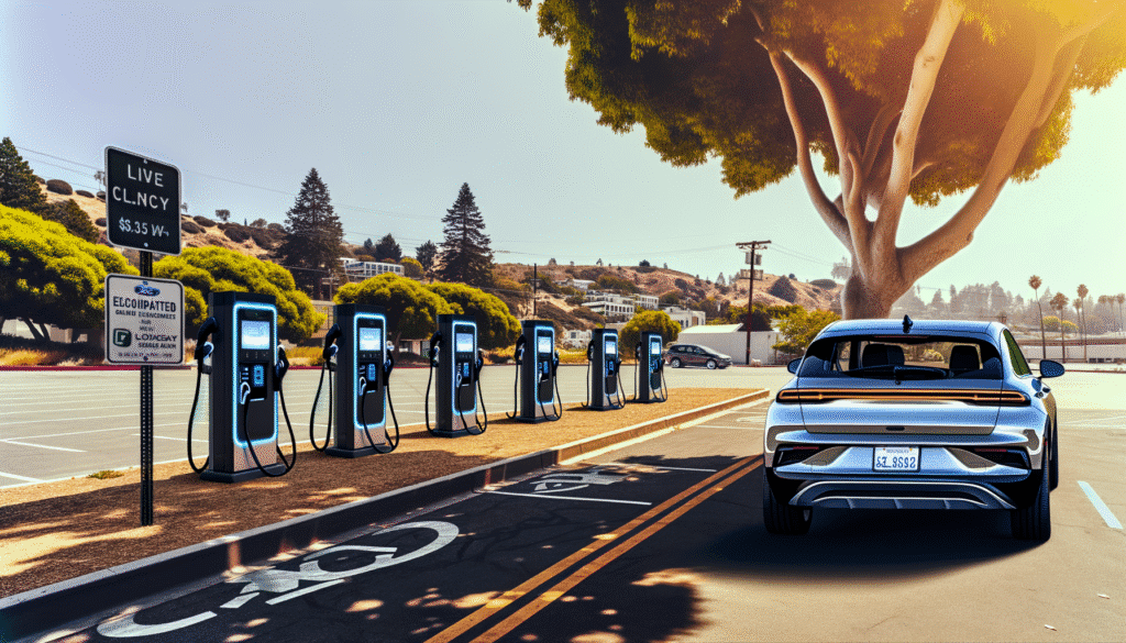 Tesla elbil ved en række ladestandere i solrig urban omgivelser