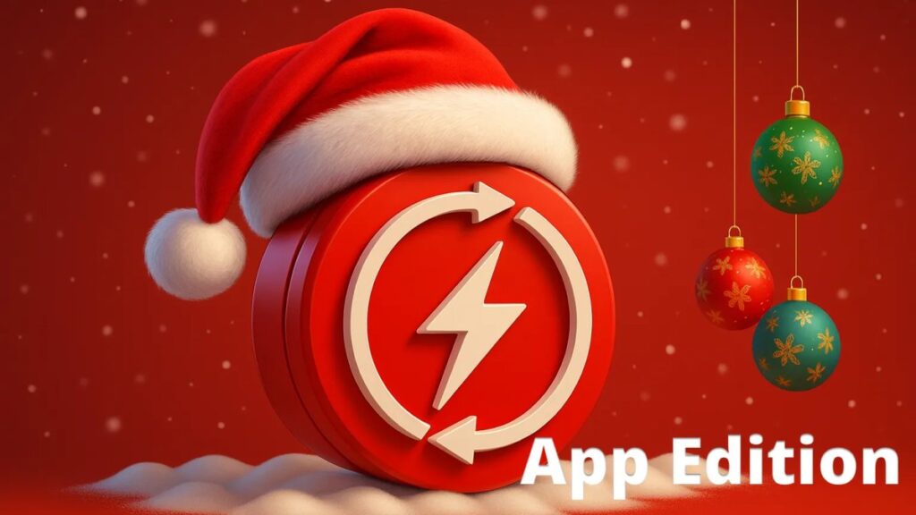 Rødt elbil-symbol med en julenissehue omgivet af juledekorationer