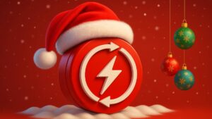 Juletema med rødt elektrisk ikon iført nissehue og julepynt i baggrunden