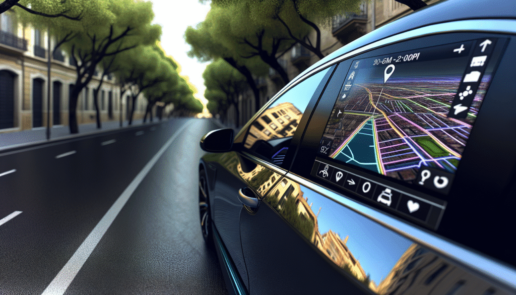 Tesla bil med avanceret navigationssystem på skærmen, kørende gennem en by med træer og moderne bygninger