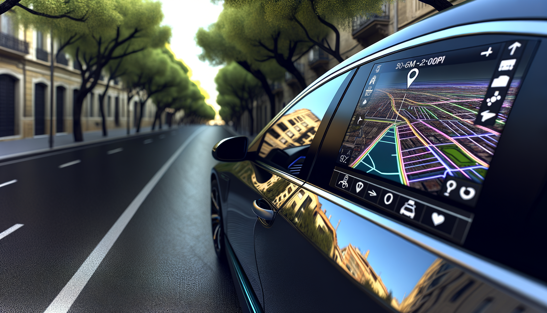 Tesla bil med avanceret navigationssystem på skærmen, kørende gennem en by med træer og moderne bygninger