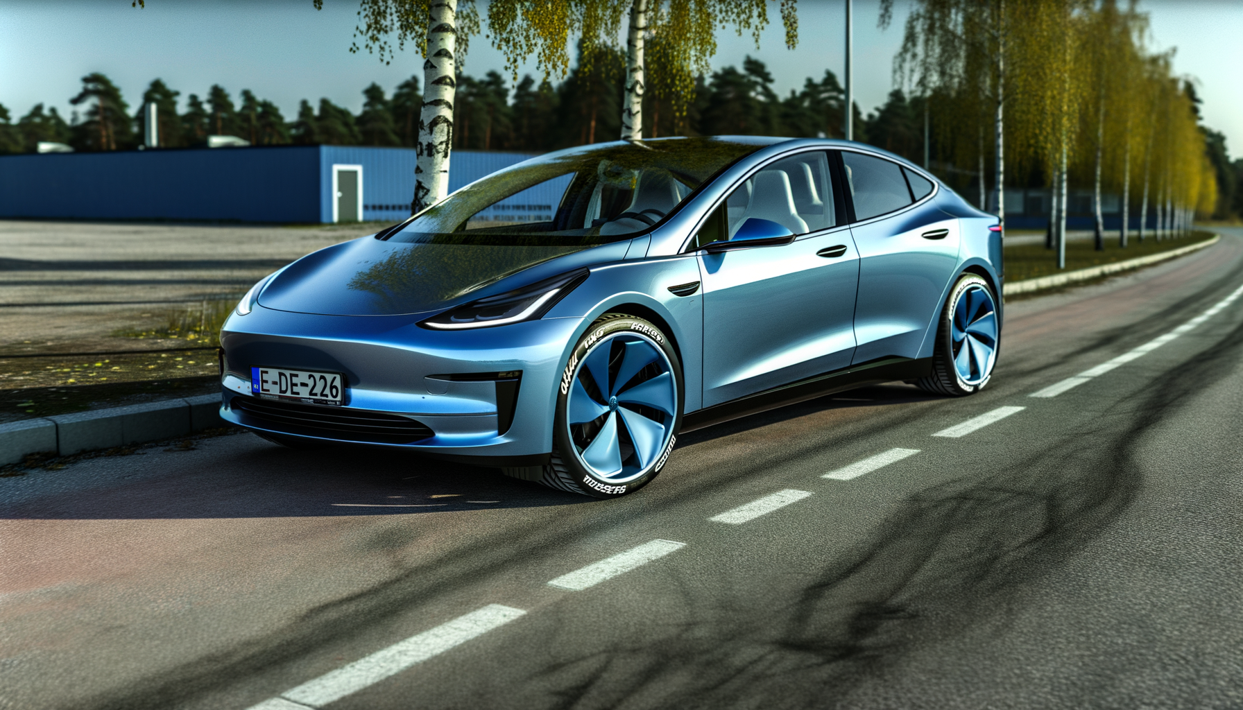 Moderne elbil på stille vej med blå nuancer og futuristisk design