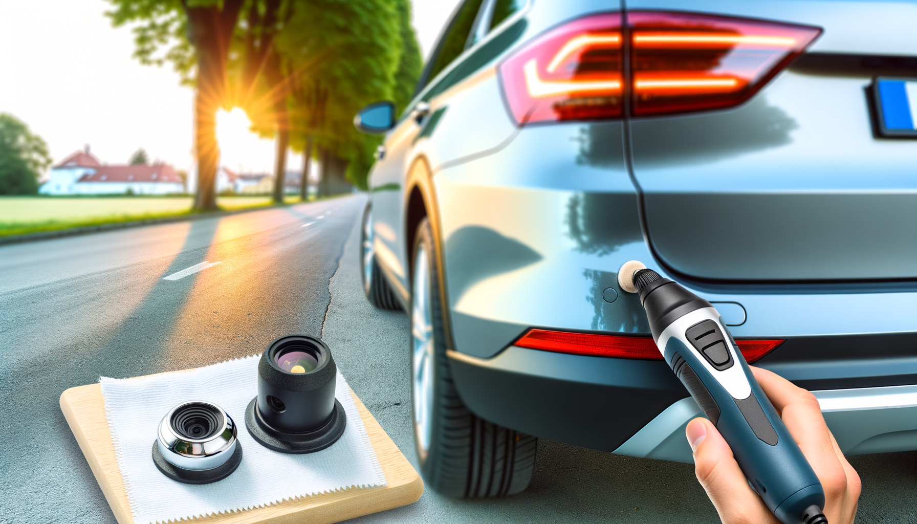 Nærbillede af en person, der polerer bagsiden af en elbil med specialværktøj, med solnedgang og grønne omgivelser i baggrunden.