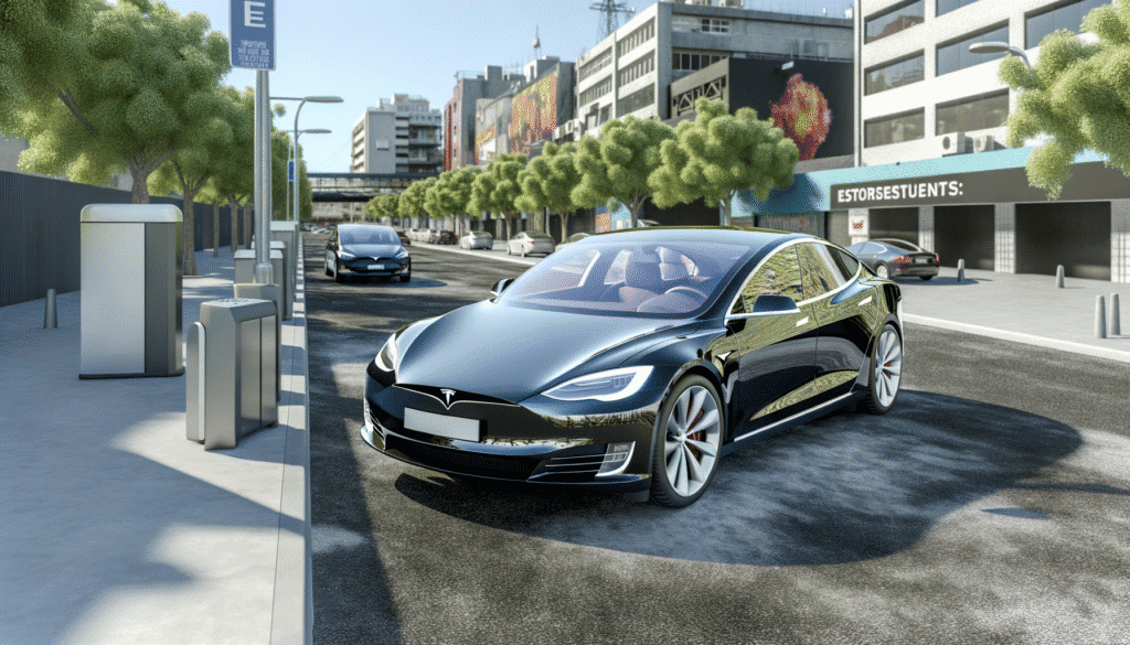 Sort Tesla Model S parkeret i en moderne by omgivet af træer og bygninger