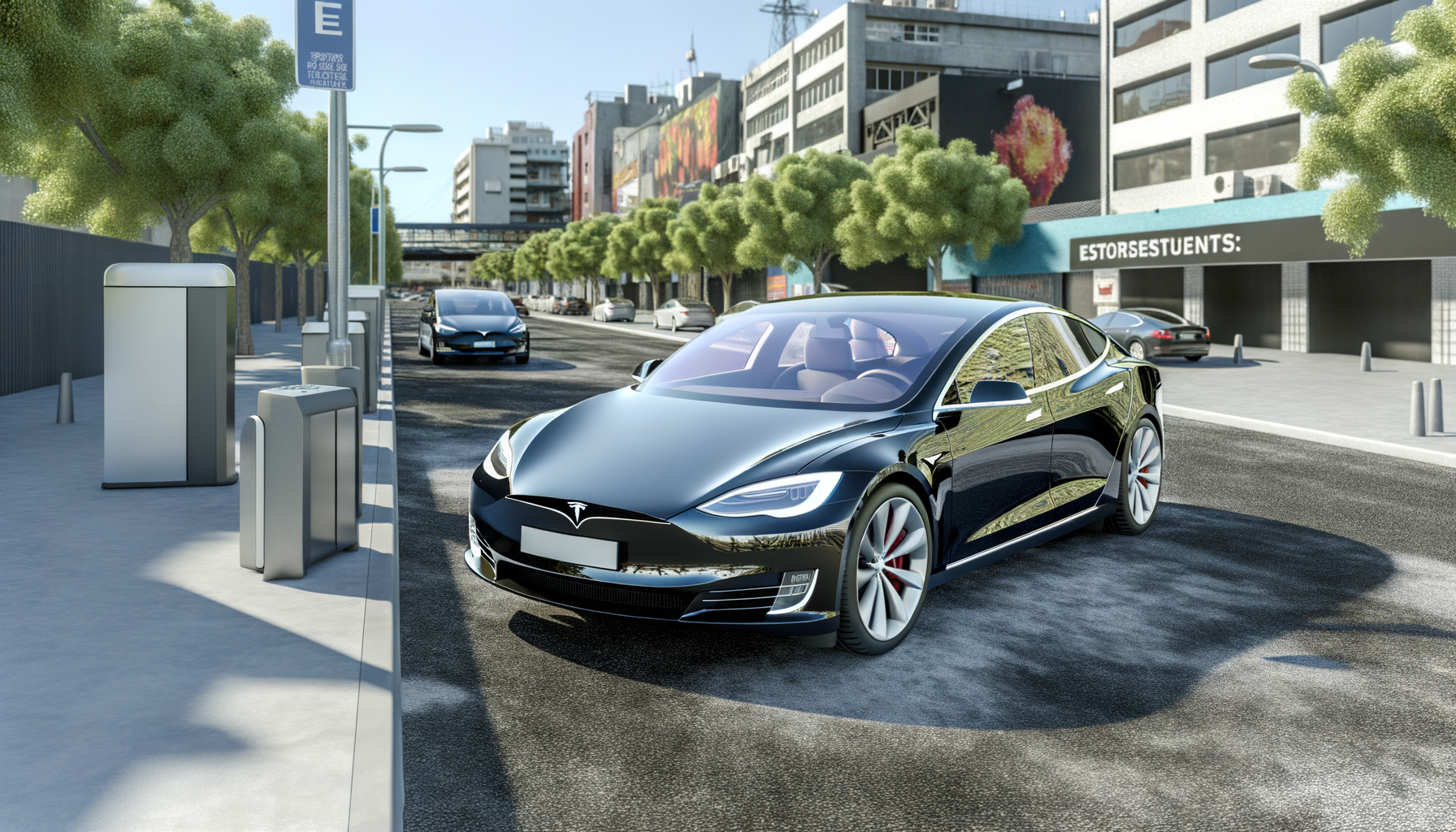 Sort Tesla Model S parkeret i en moderne by omgivet af træer og bygninger