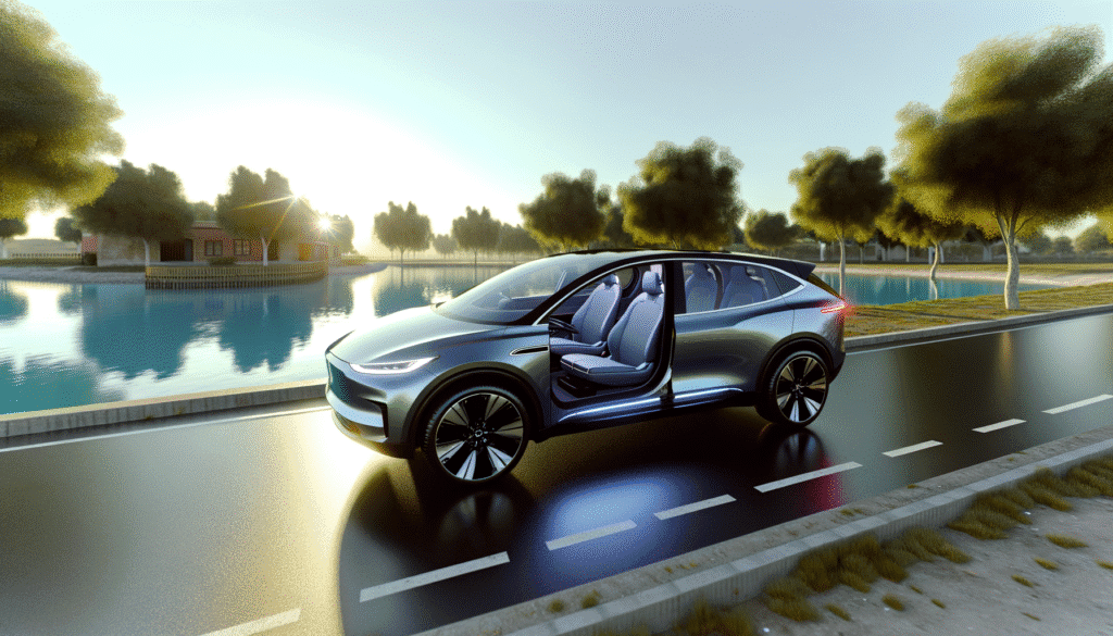 Futuristisk elbil fra Tesla kører ved en rolig sø i morgensolens skær