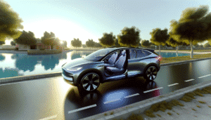 Futuristisk elbil fra Tesla kører ved en rolig sø i morgensolens skær