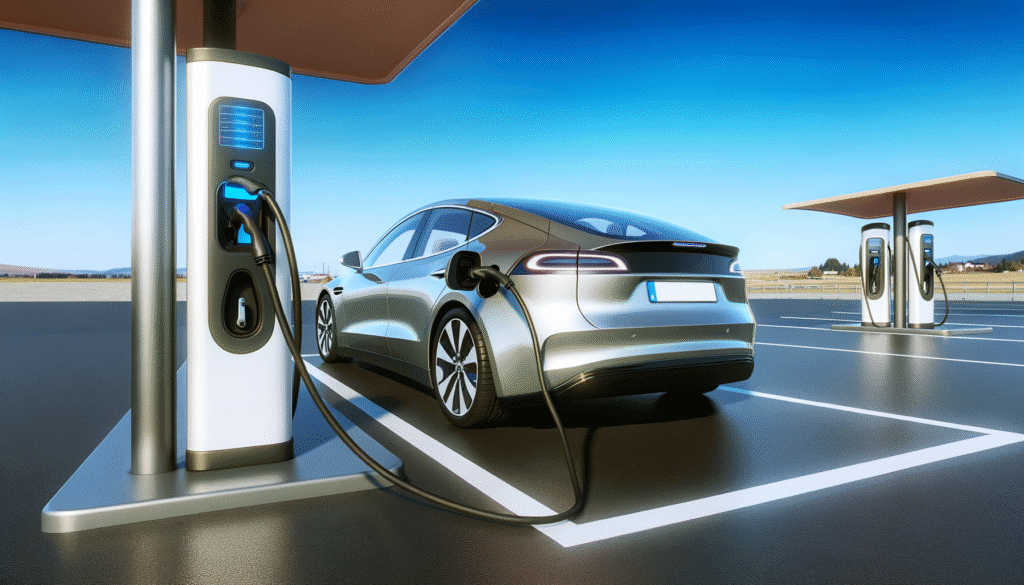 Tesla opladning på moderne elbil-station under blå himmel