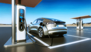 Tesla opladning på moderne elbil-station under blå himmel
