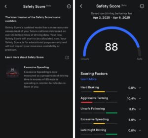 Tesla sikkerhedsscore oversigt med detaljer om køreadfærd og vurdering.