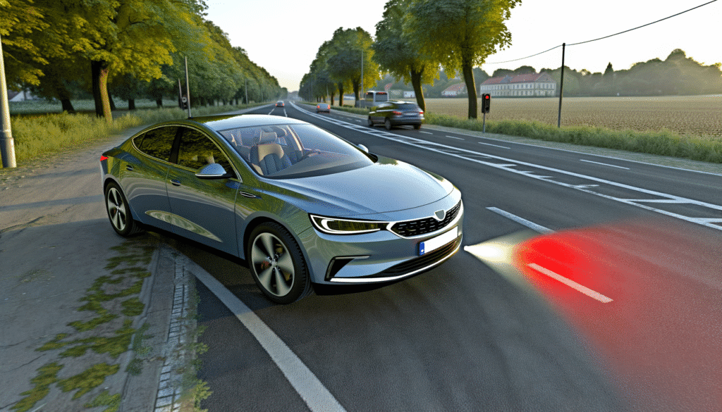 Moderne elbil på landevej med naturskønne omgivelser