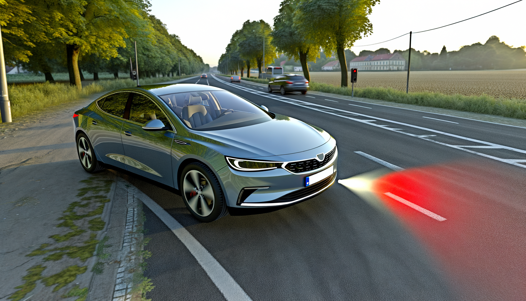 Moderne elbil på landevej med naturskønne omgivelser