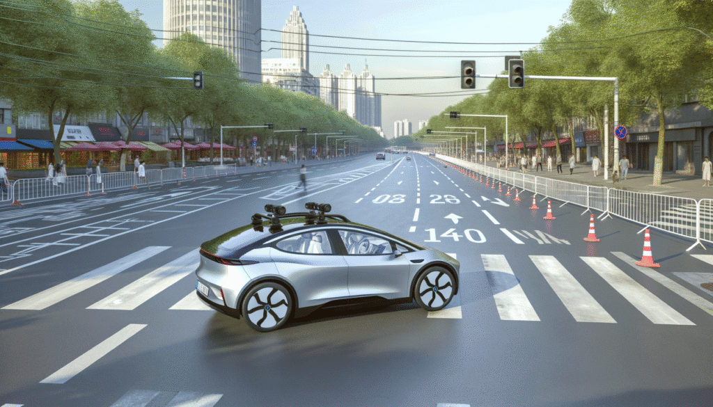 Futuristisk elbil i byens gader, omgivet af moderne bygninger og grønne træer