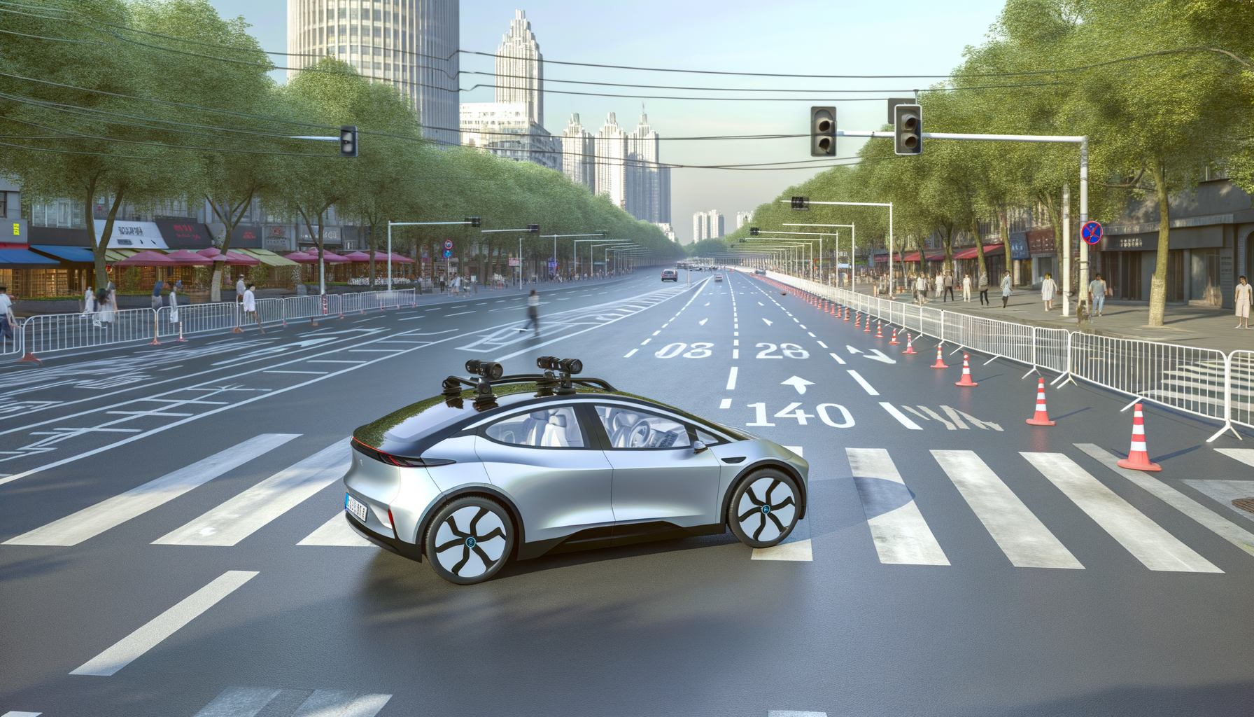 Futuristisk elbil i byens gader, omgivet af moderne bygninger og grønne træer