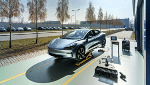 Tesla elbil på værksted med diagnostisk udstyr og værktøj