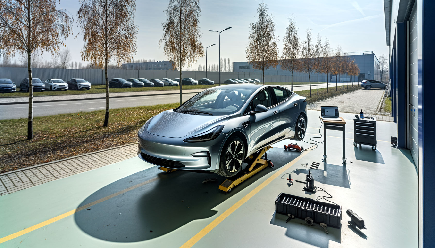 Tesla elbil på værksted med diagnostisk udstyr og værktøj