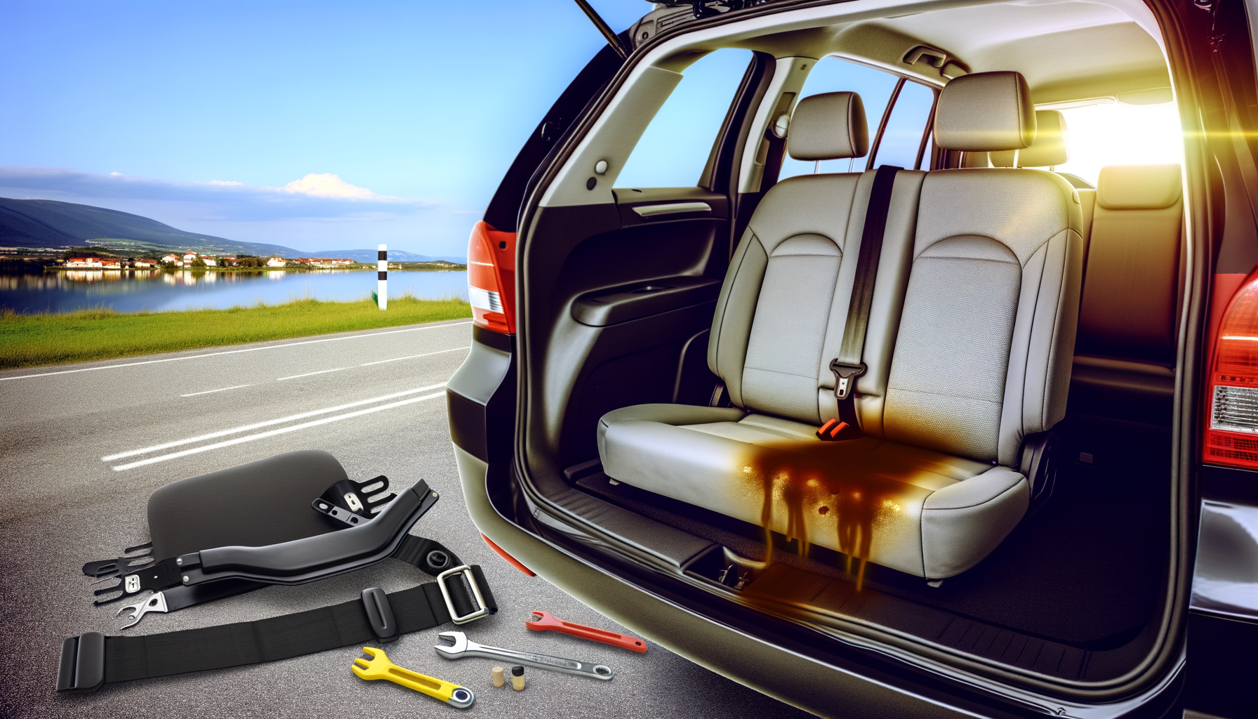 Bilinteriør med værktøj og brændemærke på bagsæde ved naturskønt landskab