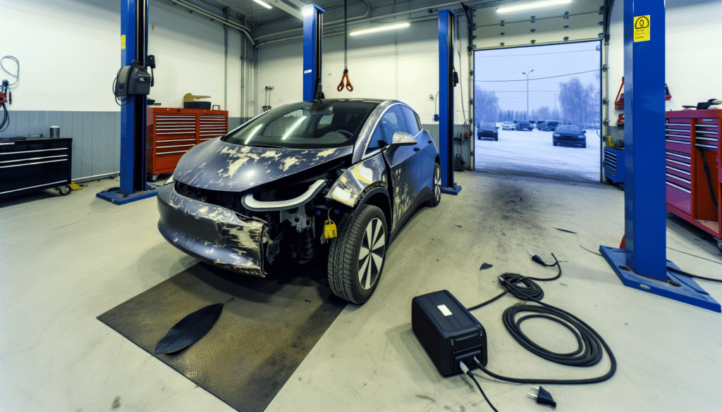 Tesla bil under reparation i et værksted med sne udenfor