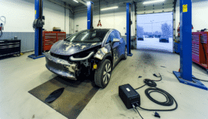 Tesla bil under reparation i et værksted med sne udenfor