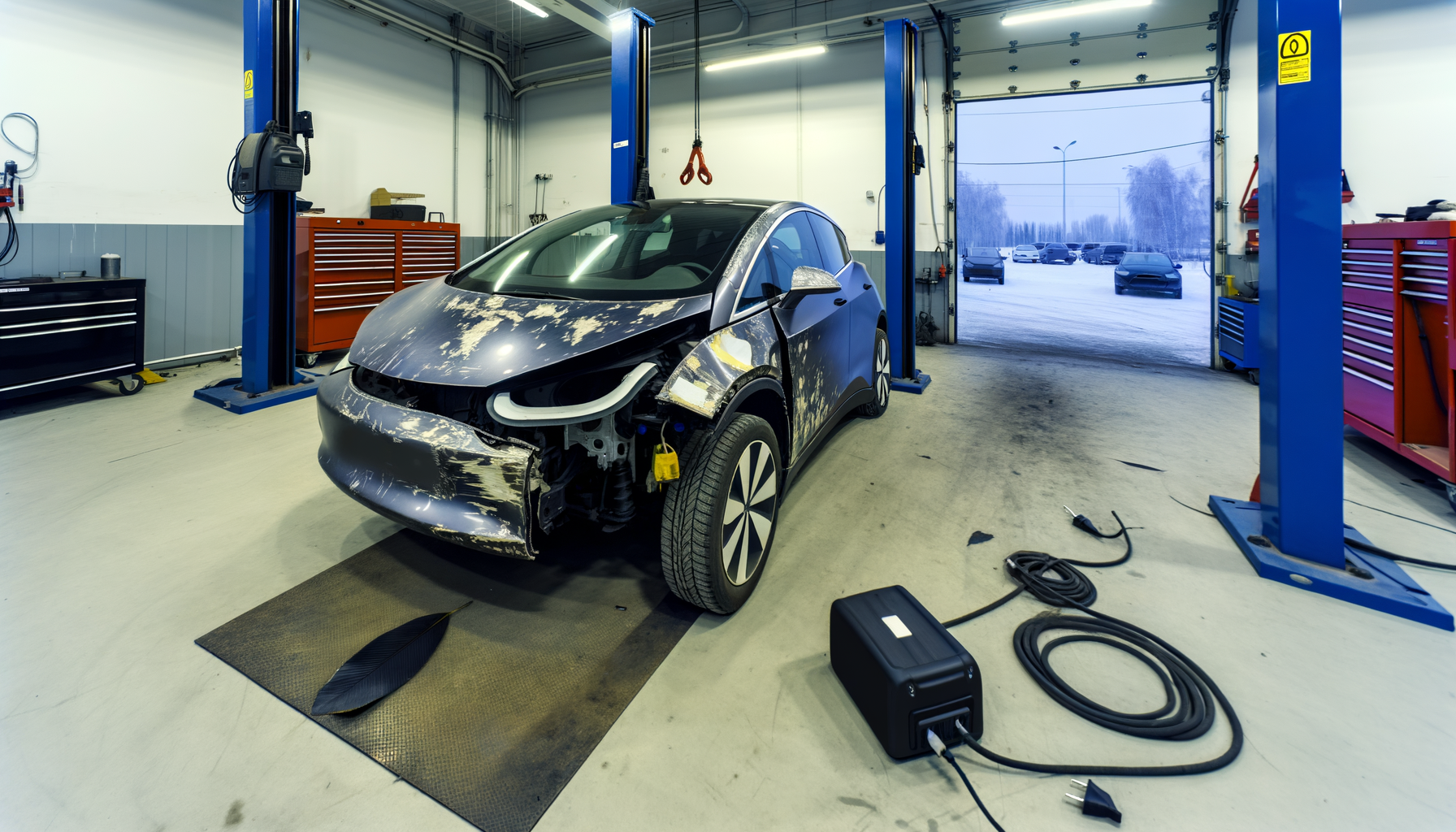 Tesla bil under reparation i et værksted med sne udenfor