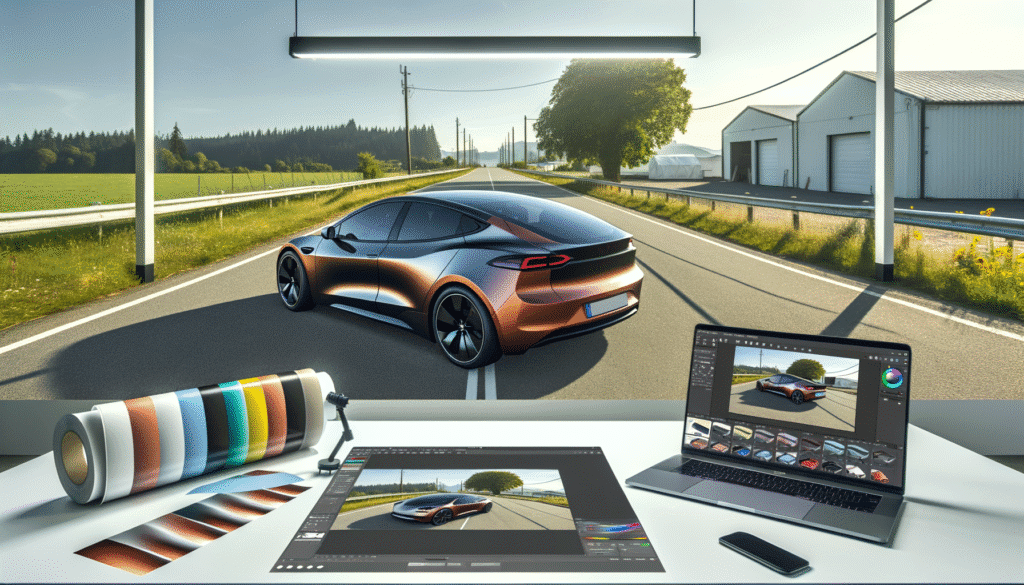 Tesla elbil designet i avanceret redigeringssoftware på laptop med naturskøn vej baggrund