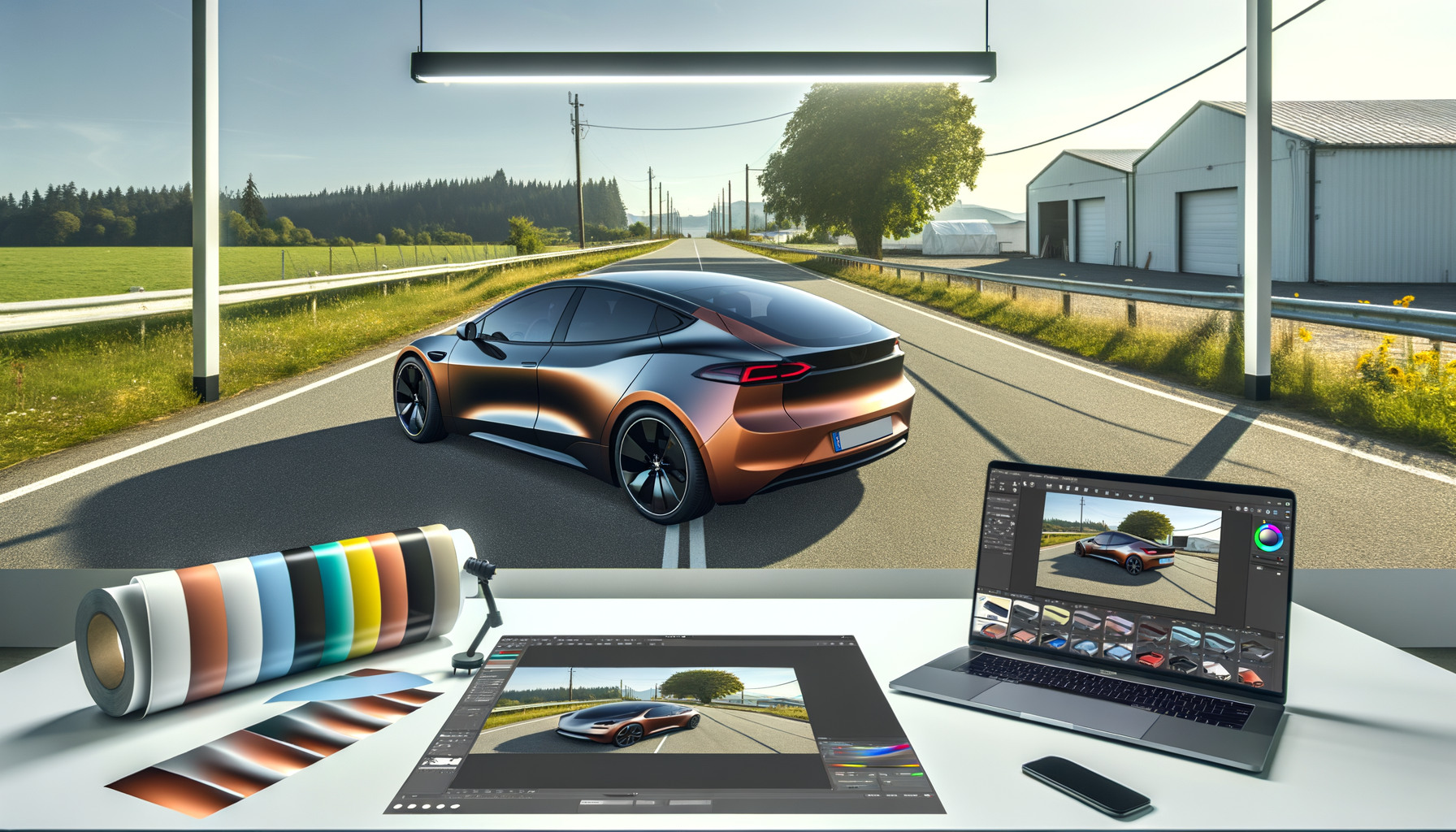 Tesla elbil designet i avanceret redigeringssoftware på laptop med naturskøn vej baggrund