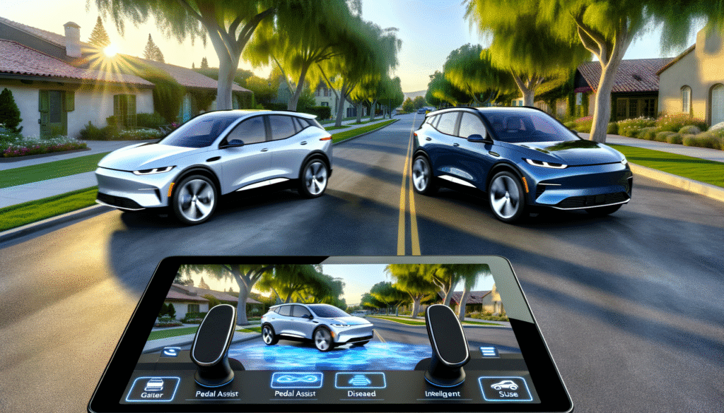 To elektriske biler kører på en solrig villavej med et smart dashboard-display i forgrunden.