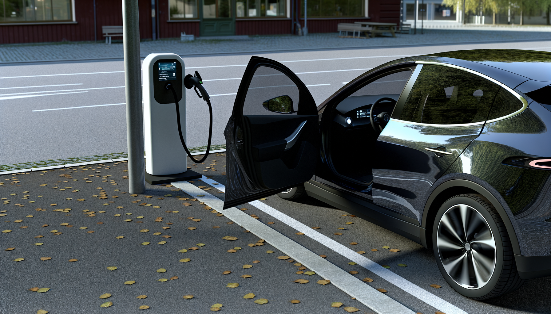 Tesla elbil oplader ved ladestander i efterårsmiljø