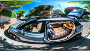 Tesla elbil interiør med oppakning til campingtur, vist fra siden med bagklappen åben.