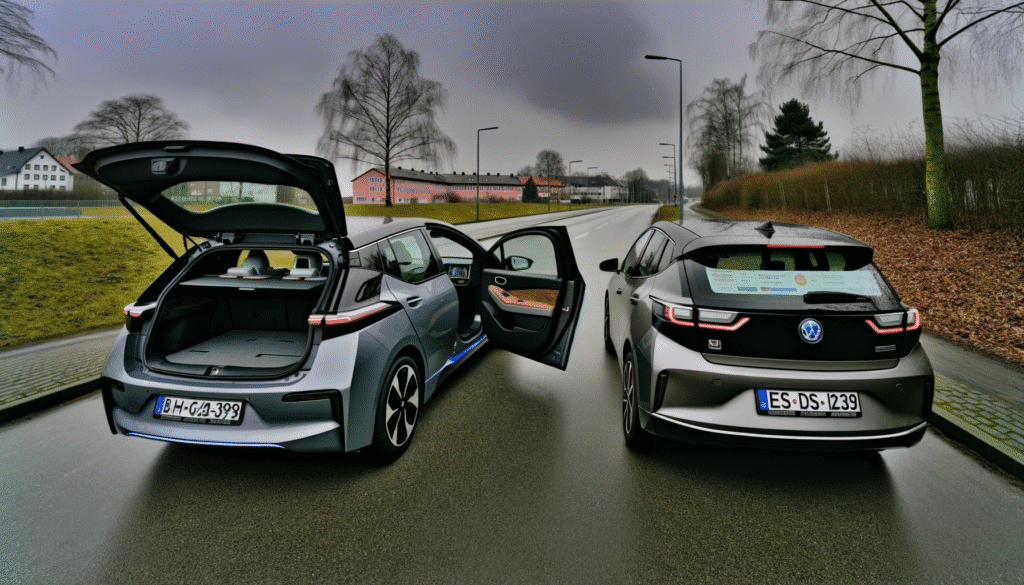 To elektriske biler med åbne døre og bagagerum på en regnvåd vej ved vinterperiode