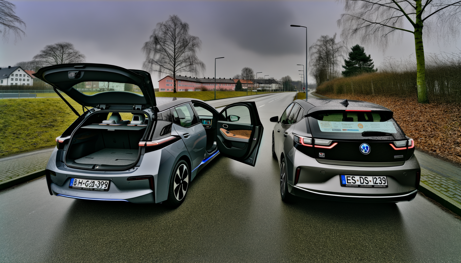 To elektriske biler med åbne døre og bagagerum på en regnvåd vej ved vinterperiode