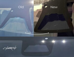 Sammenligning af gamle og nye design af Tesla solskærme med forskel i udskæring og materiale.
