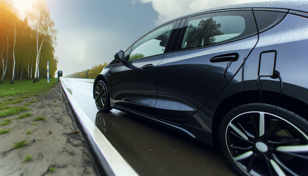 Elektrisk bil på en regnvåd vej i en skov