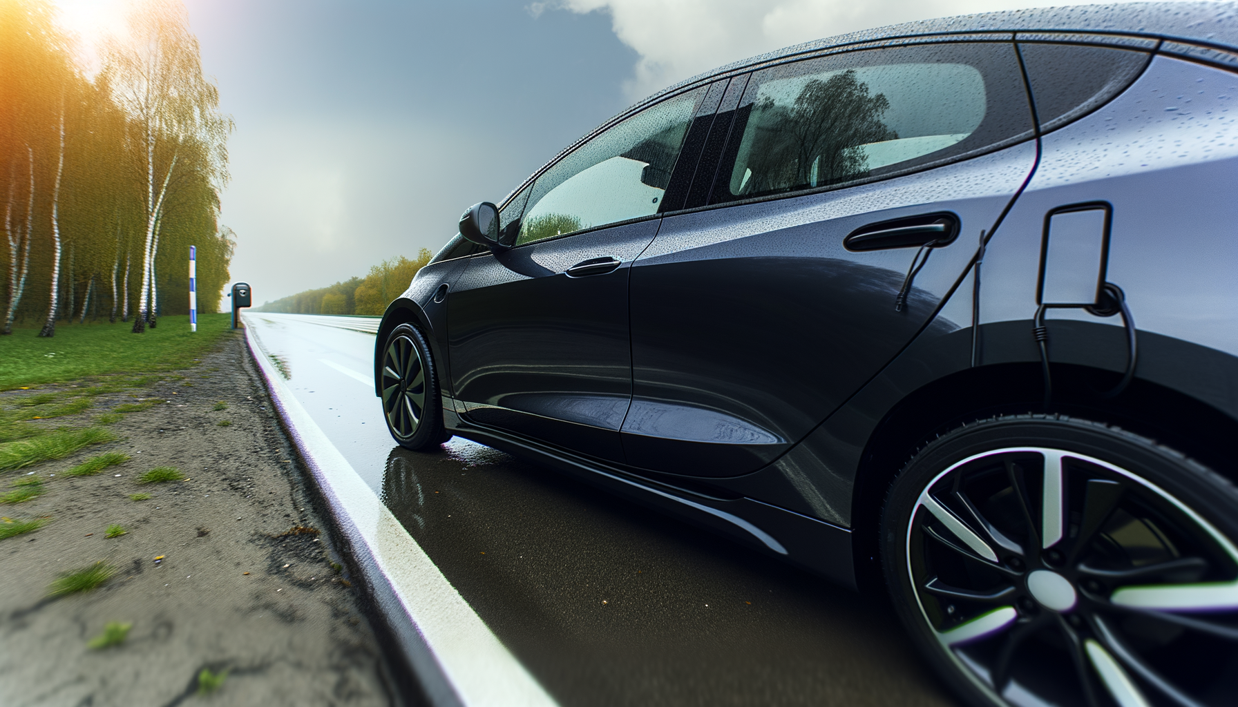 Elektrisk bil på en regnvåd vej i en skov