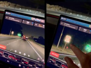 Tesla bilskærm viser hastighedsbegrænsning og køredata under natkørsel