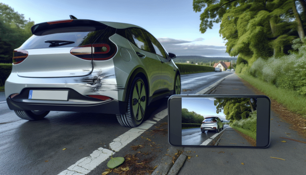 Elektrisk bil med skramme fotograferet med smartphone på en landevej