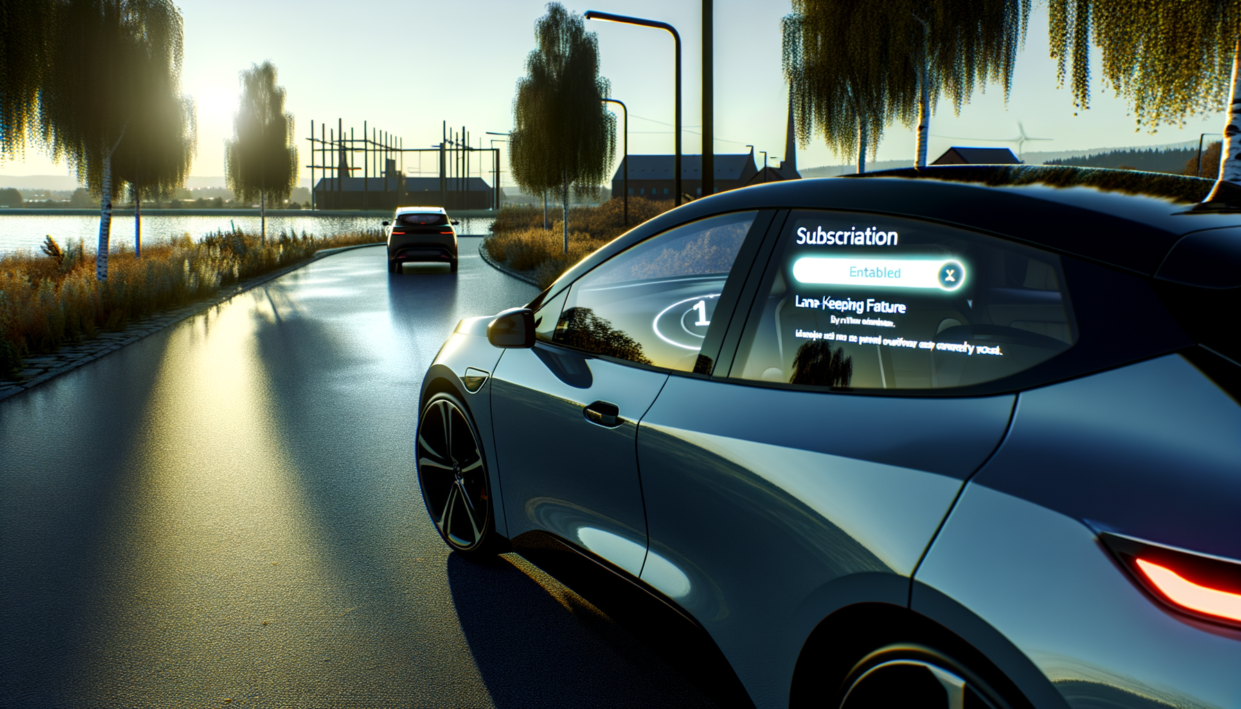 Moderne elbil med avanceret køreassistentsystem, der kører langs en naturskøn vej ved solnedgang